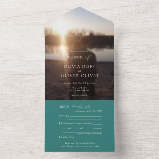 Invitation Tout En Un Fleurs turquoises Photo Mariage Tout en un Invitat (À l'intérieur)