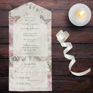 Invitation Tout En Un Fleurs vintages avec papillon