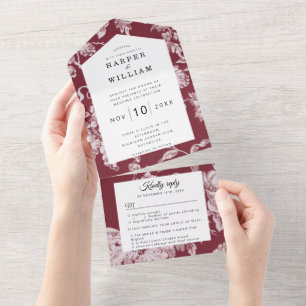 Invitation Tout En Un Fleurs vintages sur vin rouge mariage