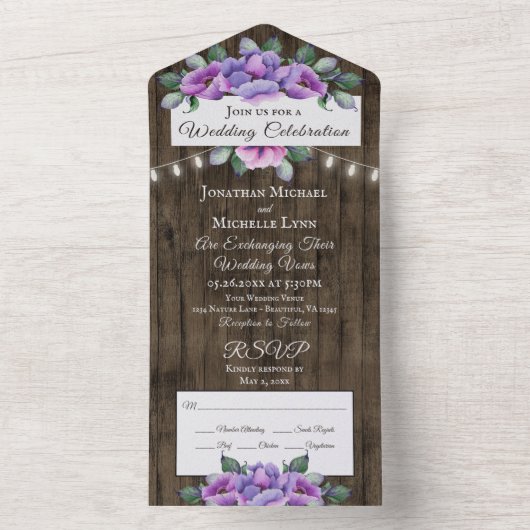 Invitation Tout En Un Fleurs violettes et roses sur Mariage rustique boi (À l'intérieur)