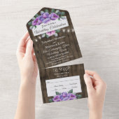 Invitation Tout En Un Fleurs violettes et roses sur Mariage rustique boi (Déchirure)
