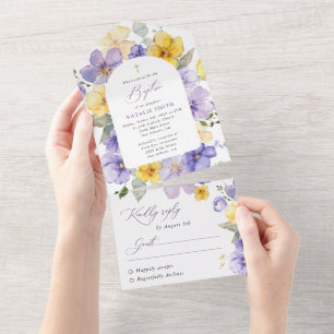 Invitation Tout En Un Fleurs violettes, Fleurs jaunes, Bohème, Baptême