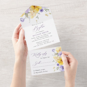 Invitation Tout En Un Fleurs violettes, Fleurs jaunes, Bohème, Baptême