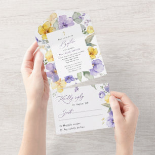 Invitation Tout En Un Fleurs violettes, Fleurs jaunes, Bohème, Baptême