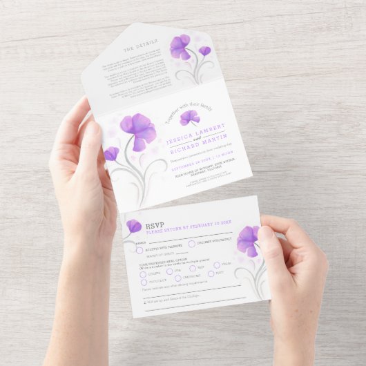 Invitation Tout En Un fleurs violettes gris blanc tourbillon mariage (Déchirure)