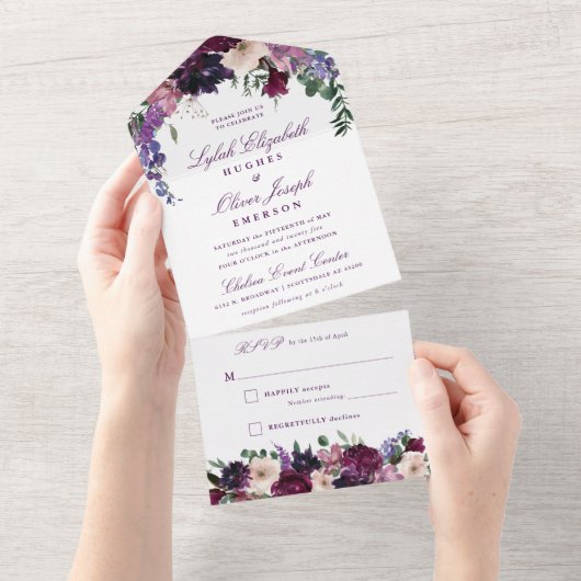 Invitation Tout En Un Fleurs violettes luxuriantes | Mariage romantique  (Déchirure)