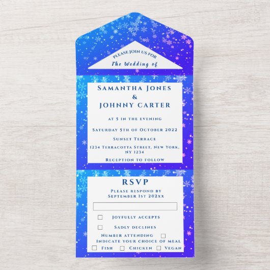 Invitation Tout En Un Flocons de neige Noël Bleu Mariage Hiver Wonderlan (À l'intérieur)