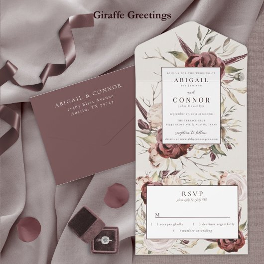 Invitation Tout En Un Floral à la crème Rustique Boho Marsala