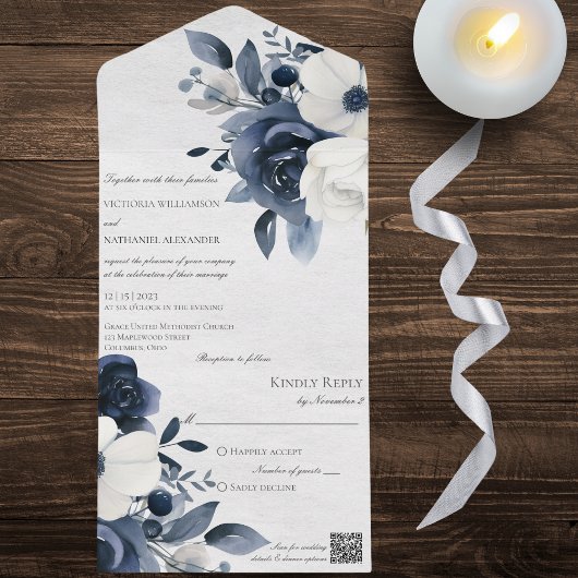 Invitation Tout En Un Floral bleu d'hiver sur code QR blanc marbré