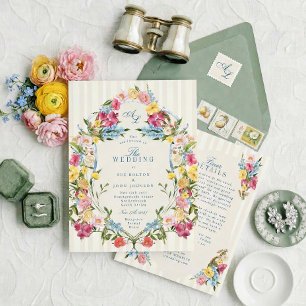 Invitation Tout en Un Floral Bleu Français Monogramme Vintage