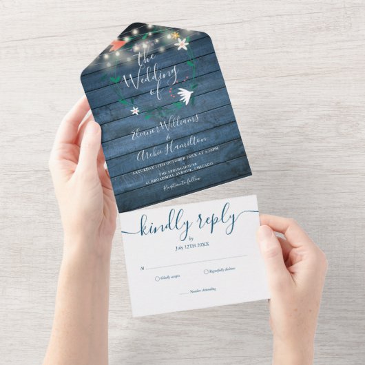 Invitation Tout En Un Floral Bleu Rustique Bois Chaîne Lumière Mariage (Déchirure)