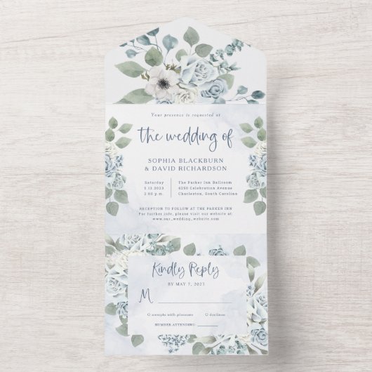 Invitation Tout En Un Floral bleu rustique | Mariage aquarelle (À l'intérieur)
