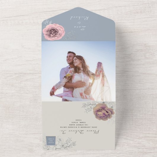 Invitation Tout En Un Floral Blush rose et Dusty Blue Mariage (Dehors)