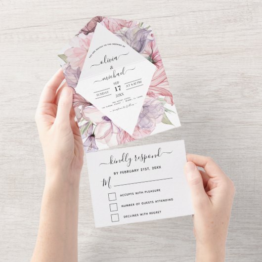 Invitation Tout En Un Floral Boho Dusty Rose Violet Mariage RSVP (Déchirure)