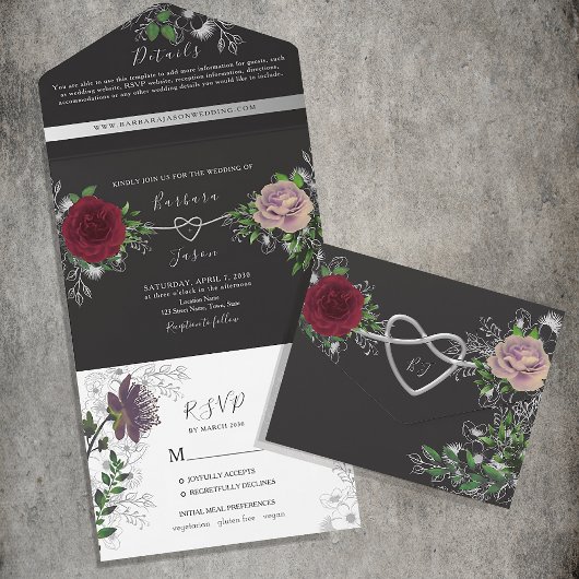 Invitation Tout En Un Floral Boho noir et blanc Mariage