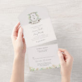 Invitation Tout En Un Floral Crest Aquarelle Monogramme Mariage Triple (Déchirure)