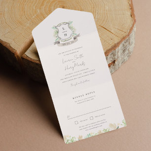 Invitation Tout En Un Floral Crest Aquarelle Monogramme Mariage Triple