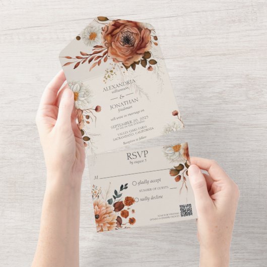Invitation Tout En Un Floral d'automne rustique sur code QR beige (Déchirure)