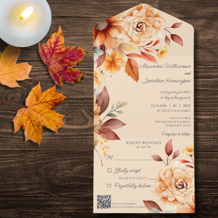 Invitation Tout En Un Floral d'automne sur Tan avec code QR