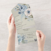 Invitation Tout En Un Floral d'hiver bleu glace sur Sage vert QR Code (Déchirure)