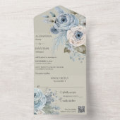 Invitation Tout En Un Floral d'hiver bleu glace sur Sage vert QR Code (À l'intérieur)
