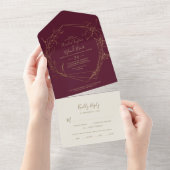 Invitation Tout En Un Floral doré | Bourgogne et Mariage d'or (Déchirure)
