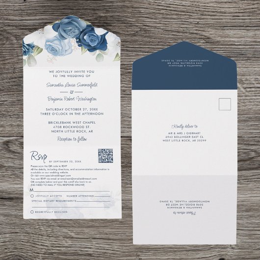 Invitation Tout En Un Floral Dusty Bleu Mariage de script botanique