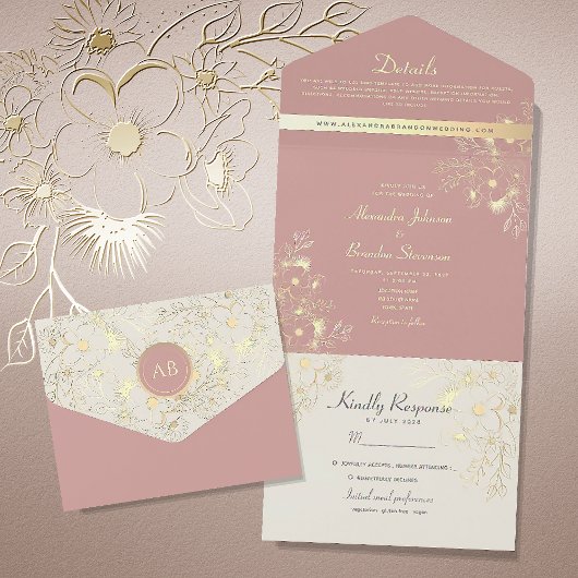 Invitation Tout En Un Floral Dusty Mariage Rose