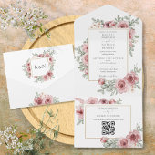 Invitation Tout En Un Floral Dusty Rose QR Code Mariage