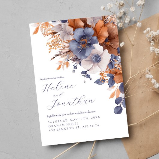 Invitation Tout en un Floral Élégant Dusty Blue Rust Mariage