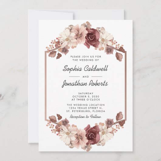 Invitation Tout en un Floral Eucalyptus Rose Mariage or (Devant)