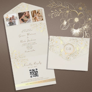 Invitation Tout En Un Floral Gold et ivoire Code QR Mariage