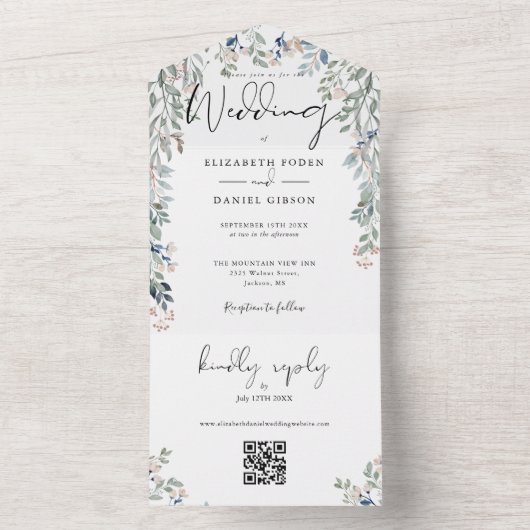 Invitation Tout En Un Floral Green Élégant Script QR Code Mariage (À l'intérieur)