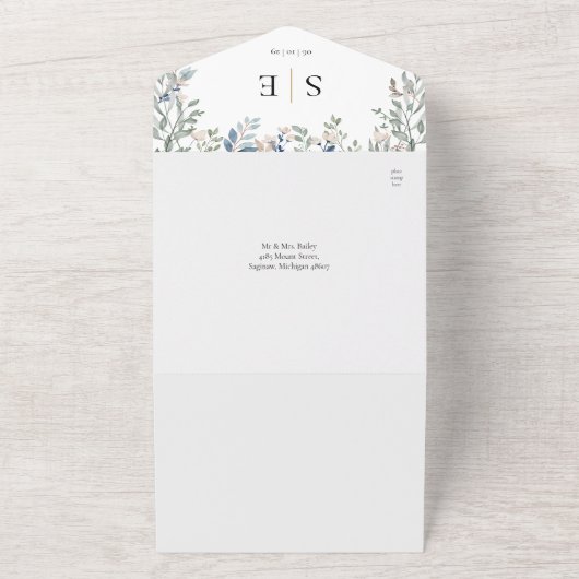 Invitation Tout En Un Floral Greenergie Monogramme QR Code Mariage (Dehors)