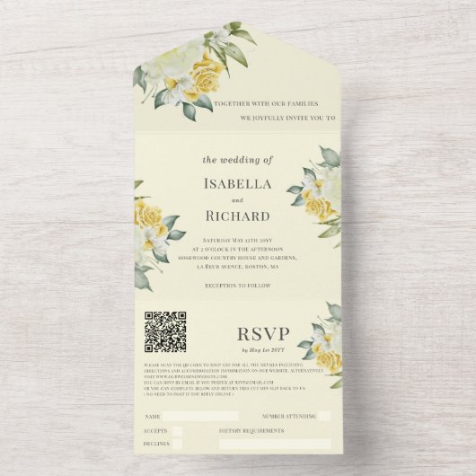 Invitation Tout En Un Floral jaune | Code QR Mariage RSVP (À l'intérieur)