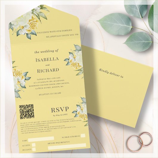 Invitation Tout En Un Floral jaune moutarde | Code QR Mariage RSVP