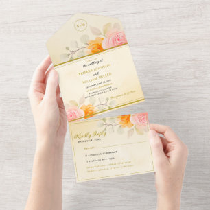 Invitation Tout En Un Floral Mariage Elegant Gold Crème Aquarelle
