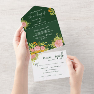 Invitation Tout En Un Floral Mariage vert foncé Botanique