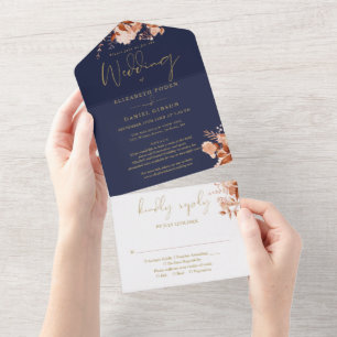 Invitation Tout En Un Floral Navy Blue Gold Détails Mariage de automne R