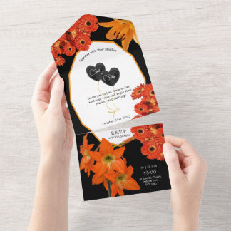 Invitation Tout En Un Floral Orange and Black Wedding