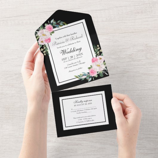 Invitation Tout En Un Floral Rose Chaud Sur Mariage Élégant Noir (Déchirure)