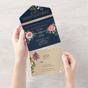 Invitation Tout En Un Floral Rose Gold Mariage bleu marine
