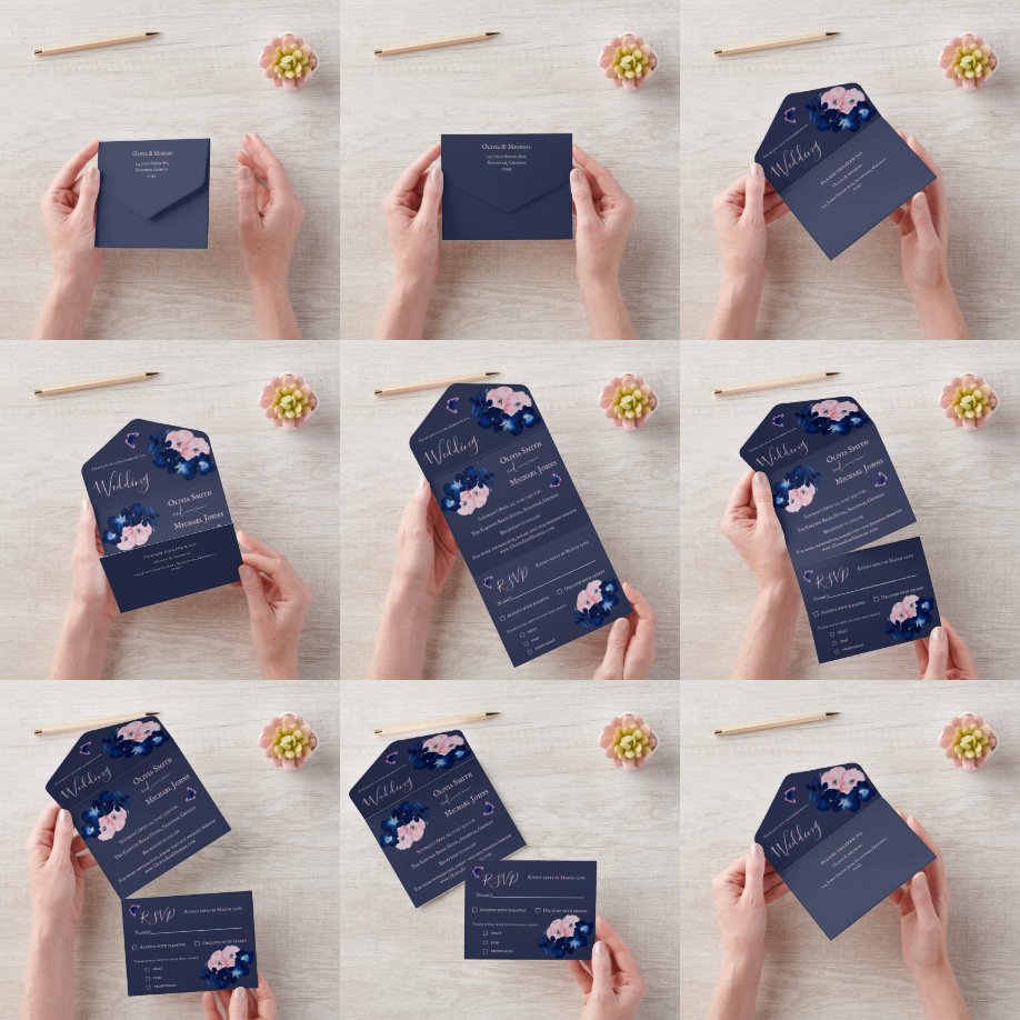Invitation Tout En Un Floral rose rousse de la marine tout en un mariage