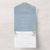 Invitation Tout En Un Floral Verdure Script Coeurs bleu Dusty Mariage (À l'intérieur)