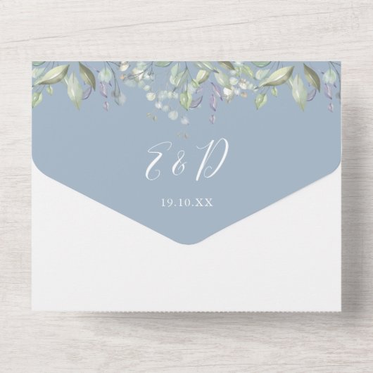 Invitation Tout En Un Floral Verdure Script Coeurs bleu Dusty Mariage (Verso)