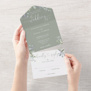 Invitation Tout En Un Floral Verdure Script Coeurs Sage Green Mariage
