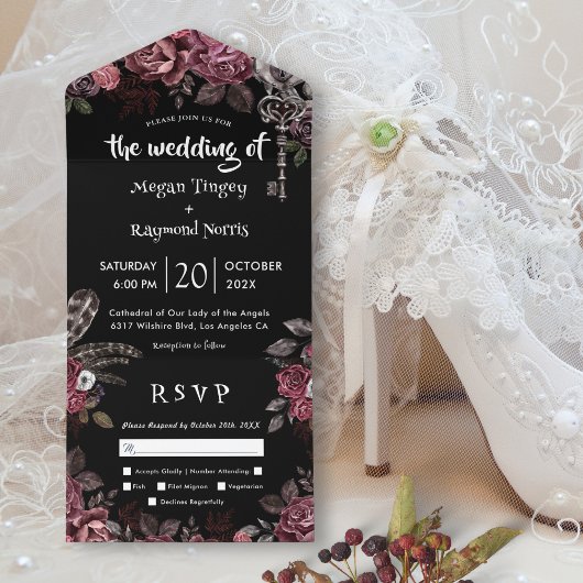 Invitation Tout En Un Florales noires Roses sombres Mariage gothique