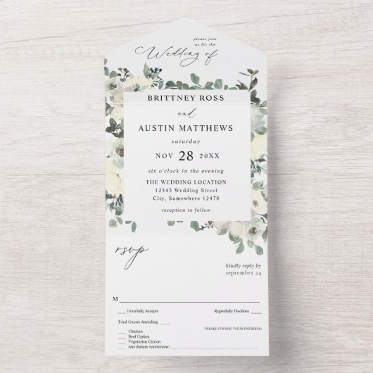 Invitation Tout En Un Flore bleu et blanc poussiéreux (À l'intérieur)