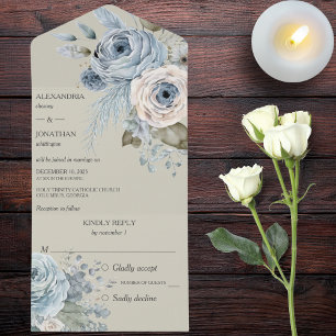 Invitation Tout En Un Flore d'hiver bleu glace sur Sage Green