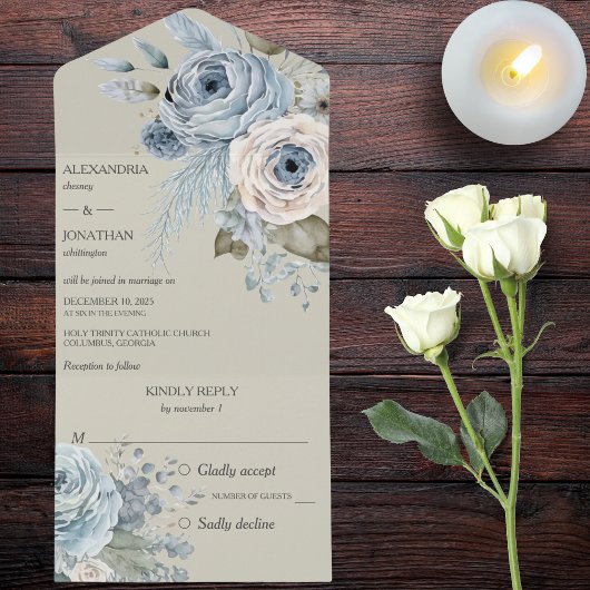 Invitation Tout En Un Flore d'hiver bleu glace sur Sage Green